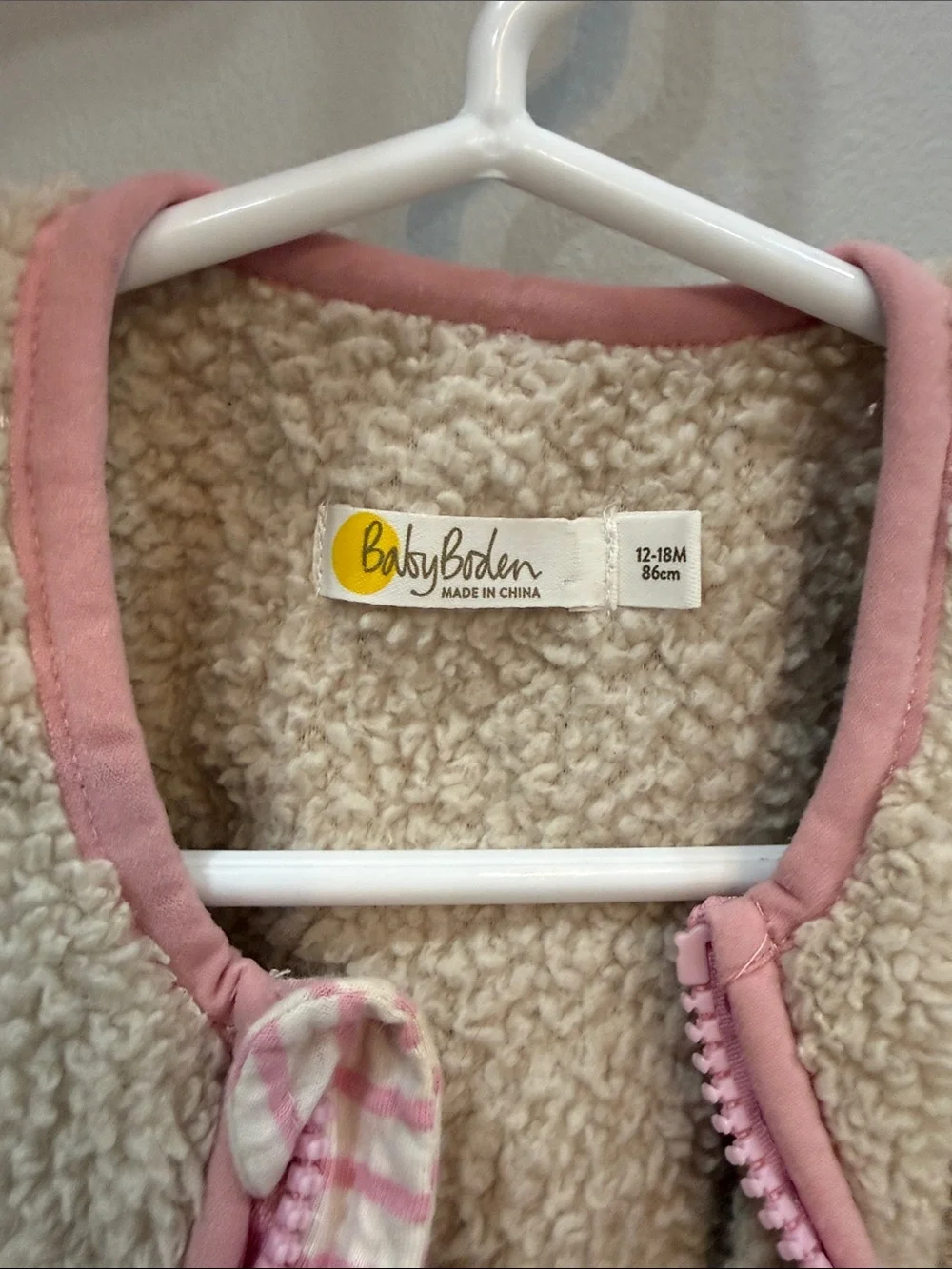 Baby Boden Cream Sherpa Vest with Pink Trim